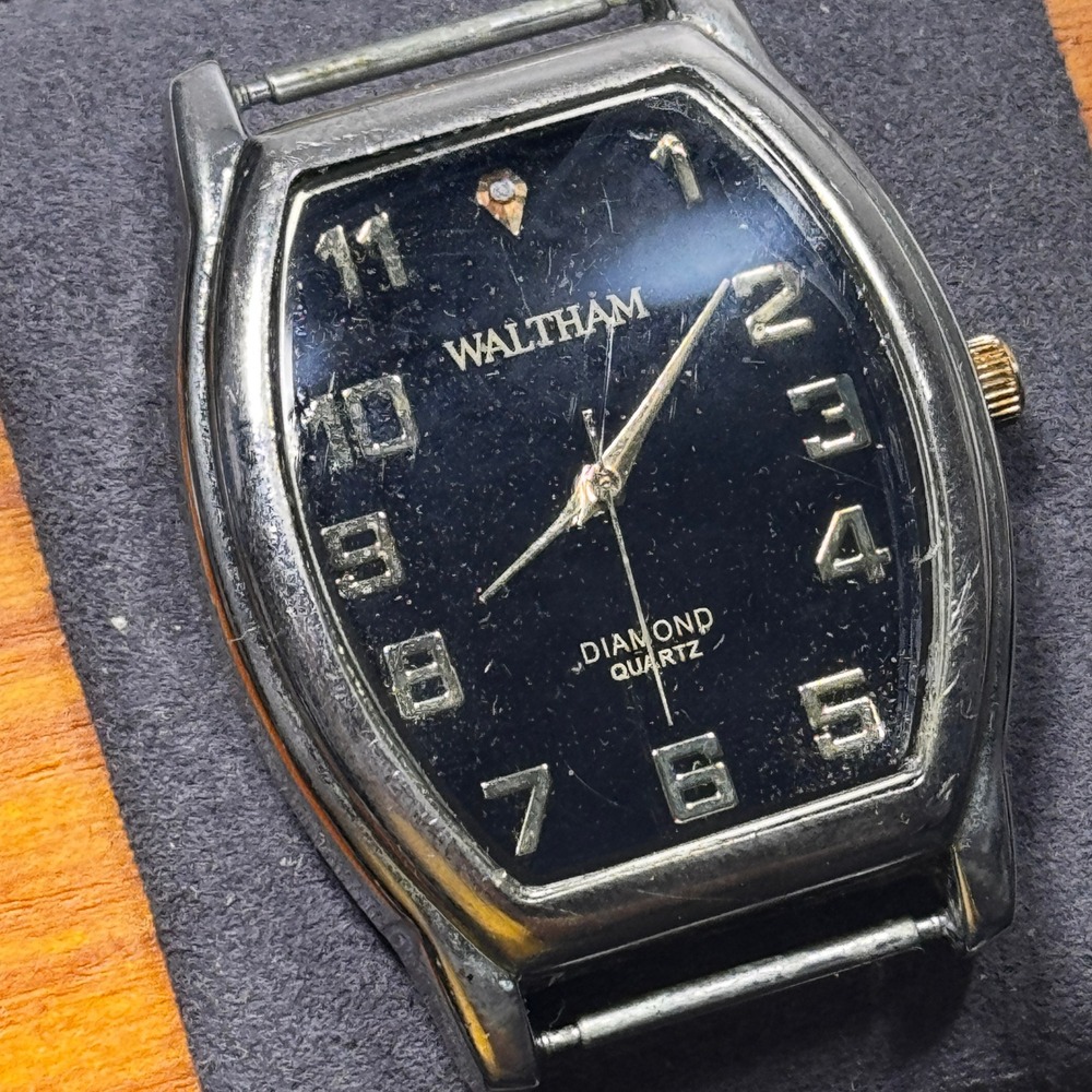 Waltham WTH56 Diamond Quartz Watch Head Silver Tone Black Dial Tonneau NEW BATT.